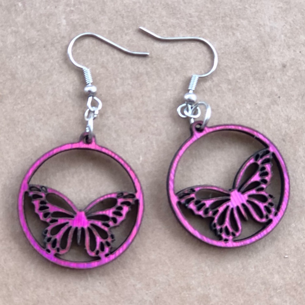Handmade Laser Cut Butterfly Wooden Dangle Earrings - Picture 2 of 3
